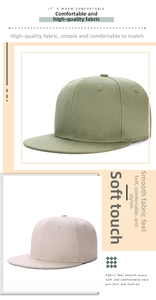 Detail of olive green and off-white hip-hop flat brim caps with premium twill cotton fabric