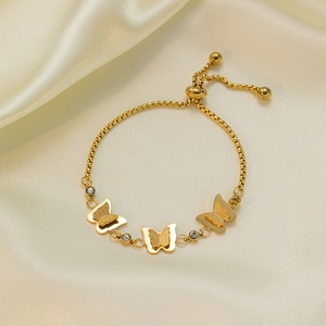 Adjustable golden butterfly chain bracelet with zircons and polished matte finish