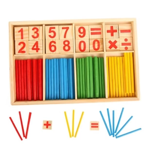 Wooden math learning box with colorful counting sticks and numbered blocks for kids