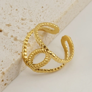18K gold-plated stainless steel double-layered twisted rope open ring for women