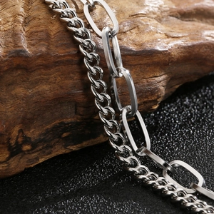 Double-layered silver metal chain bracelet for men with Cuban and paperclip links