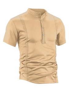 Detail of khaki men's short sleeve polo shirt with 4-button stand collar and vertical bands