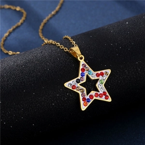 Star pendant necklace with colorful rhinestones and gold stainless steel chain