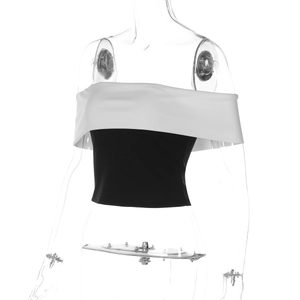 Detail of black and white contrast tube top with wide white fold-over neckline