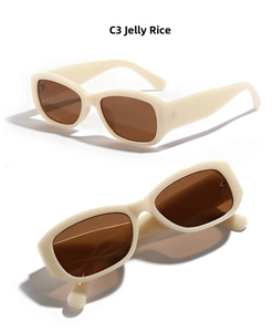 Detail view of jelly beige rectangular sunglasses with brown lenses from two angles