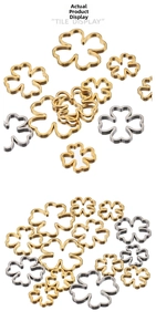 Detailed view of hollow clover charms in various sizes and gold or silver finishes