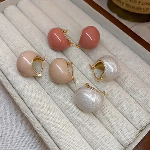 Geometric Bean Huggie Hoop Earrings Copper Gold Plated Enamel Oil Drop Vintage Style Women With Silver Earring Post