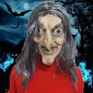 Scary old witch latex mask with grey hair and hooked nose for Halloween party props