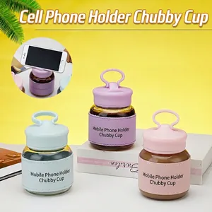 Portable Glass Water Cup With PU Leather Sleeve Phone Holder Lid Leak Proof Heat Insulated Chubby Drinking Mug