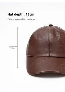 Detail showing the 13cm depth and textured brown faux leather of this winter baseball cap