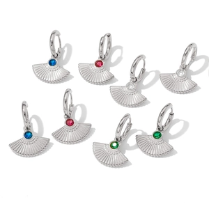 Detailed set of fan-shaped stainless steel earrings with colorful zircon gemstones