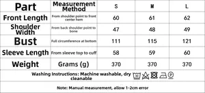 Size chart for women's printed jacket including bust, shoulder, and sleeve measurements