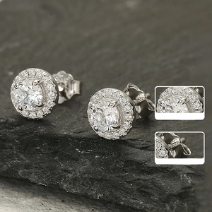 Classic S925 sterling silver halo stud earrings with round cut sparkling cubic zirconia