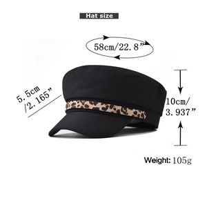 Detailed chart showing black newsboy hat measurements including head size and leopard trim