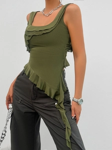 Detail view of green Y2K tank top featuring irregular hem and delicate ruffle trim accents