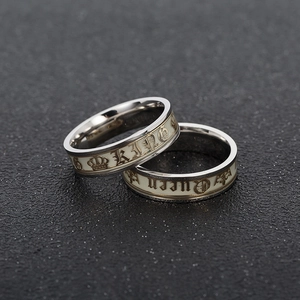 Luminous stainless steel King and Queen rings with crown and fleur-de-lis engravings