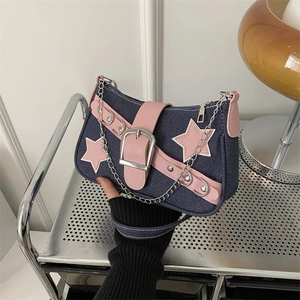 Y2K denim shoulder bag with pink leather star patch and decorative metal chain