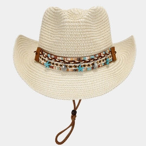 Bohemian straw sun hat with wide brim, ethnic band and turquoise shell charm details