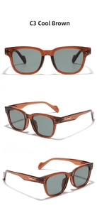 Three-way view of retro square sunglasses in C3 cold brown with grey-green lenses