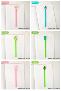 Detail view of cartoon pens in magic wand and cactus designs with weight and length specs