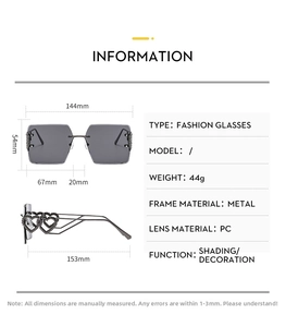 Size chart for rimless square sunglasses showing 144mm width and heart detail metal temple