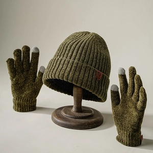 Unisex dark moss green thick ribbed knit beanie and touchscreen gloves set with logo