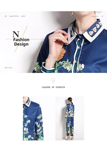 Detail of white embroidered collar and vibrant yellow floral print on blue silk suit