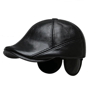 Men's black leather newsboy cap with ear flaps and warm fleece lining for winter