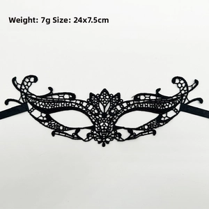 Detail view of black lace masquerade mask showing 24x7.5cm dimensions and 7g weight