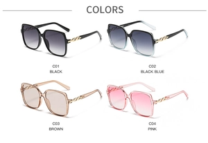 Detailed grid view of square sunglasses showing black blue brown and pink color options