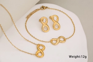 Three-piece jewelry set with gold infinity symbol necklace, bracelet, and stud earrings
