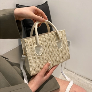 Retro cream white woven small square crossbody bag with round handles and strap