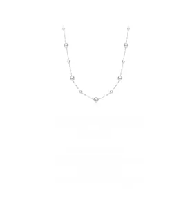 Macro detail of S925 silver necklace featuring graduated pearls of various sizes