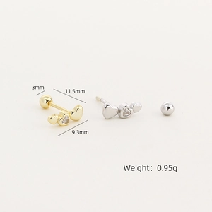 S925 silver triple heart screw-back stud earrings with crystals and sizing details