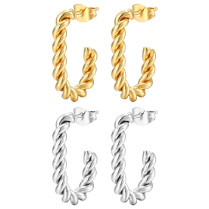 Classic C-shape twisted rope earrings in gold and silver finish on white background