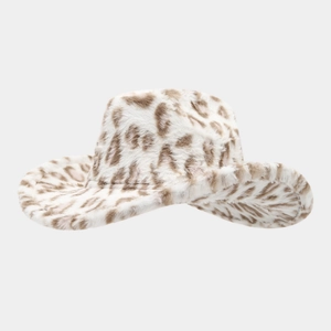 Fashionable leopard print faux fur cowboy hat with wide brim for winter warmth