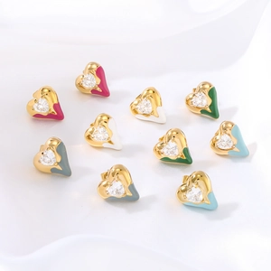 Gold plated stainless steel heart earrings with colorful enamel and zircon inlays