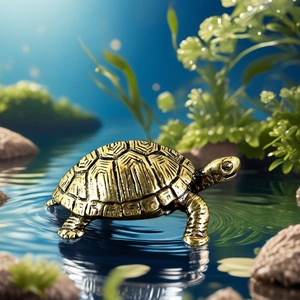 Solid brass turtle figurine with detailed shell texture on decorative water background