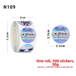 Macro view of holographic round thank you stickers with rainbow laser finish and lashes