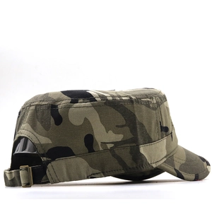 Classic woodland camouflage flat top cap with adjustable bronze buckle for outdoors