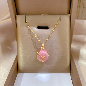 Minimalistische Katzenaugenstein Anhänger Halskette Edelstahl Vergoldet Kupferrahmen Schmuck Für Damen