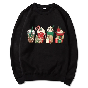 Black Christmas hoodie featuring four festive holiday drink prints and ribbed cuffs