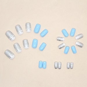 Baby blue and silver glitter long square press-on nails set with 24 pieces