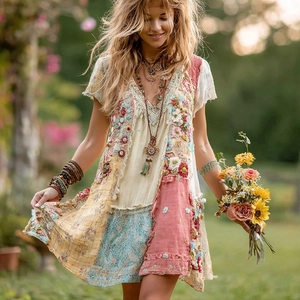 Detail of bohemian patchwork dress with floral embroidery and lace trim textures