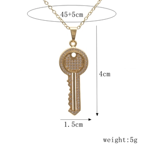 Gold-plated key pendant necklace with micro-pave zircons and 45+5cm chain dimensions
