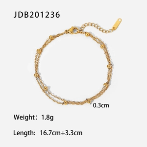 Gold double-layered stainless steel beaded chain bracelet with adjustable extension chain