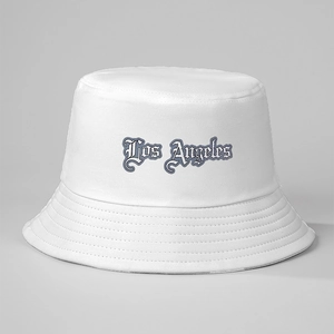 White cotton Los Angeles bucket hat with gothic embroidery for stylish sun protection