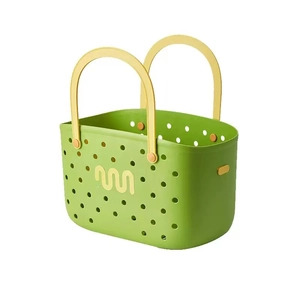 Green EVA plastic storage basket with yellow handles and round drainage holes