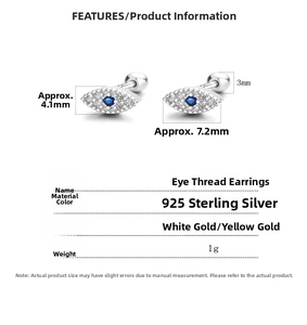 Detailed specs of 925 sterling silver evil eye stud earrings with blue gemstone inlays