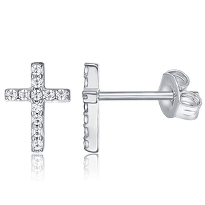 6mm minimalist silver stainless steel cross stud earrings with sparkling cubic zirconia